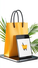Yellow Shopping Bag with Smartphone on Tablet and Tropical Leaves