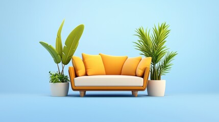 Yellow Sofa with Tropical Plants in Minimalist Blue Room