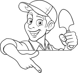 A cartoon gardener or farmer handyman mascot man holding a garden trowel spade tool, peeking around a sign and pointing at it