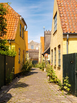 Narrow street with historic yellow houses in Drag&oslash;r Old Town, Amager Island, Capital Region, Denmark