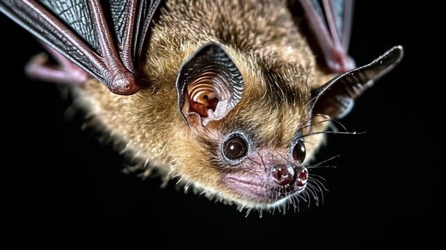 Small bat hanging upside down in a dark cave at night showcasing unique facial features and delicate fur