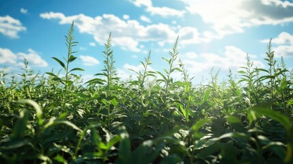 A field of lush uddina bele plants swaying gently in the breeze under a bright blue sky
