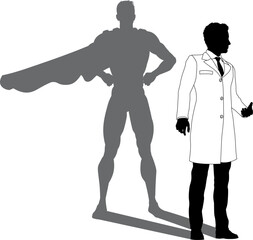 A superhero male scientist, engineer, doctor or teacher in a lab white coat man. Revealed by his shadow silhouette as a super hero in a cape.