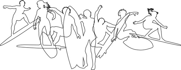 Surfer surfboard boarding male and female surfers surfing silhouette outlines. Men and women surf group design concept.