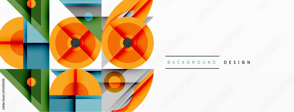 Poster Geometric abstract composition with intersecting shapes, circles, triangles, and gradients, blending vibrant colors and dynamic contrasts to create a modern, futuristic visual design