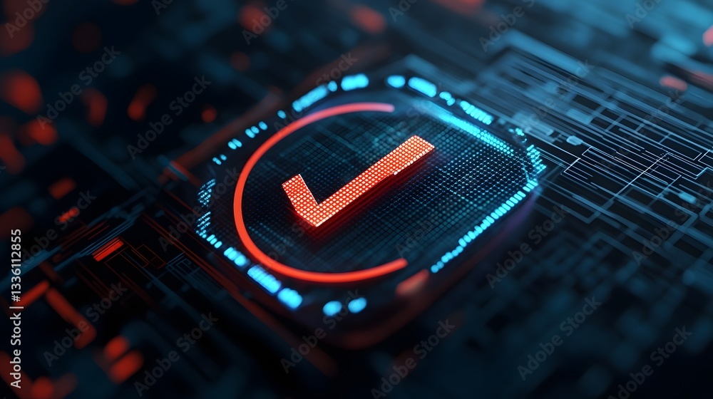 Poster futuristic holographic interface with digital approval checkmark for security verification