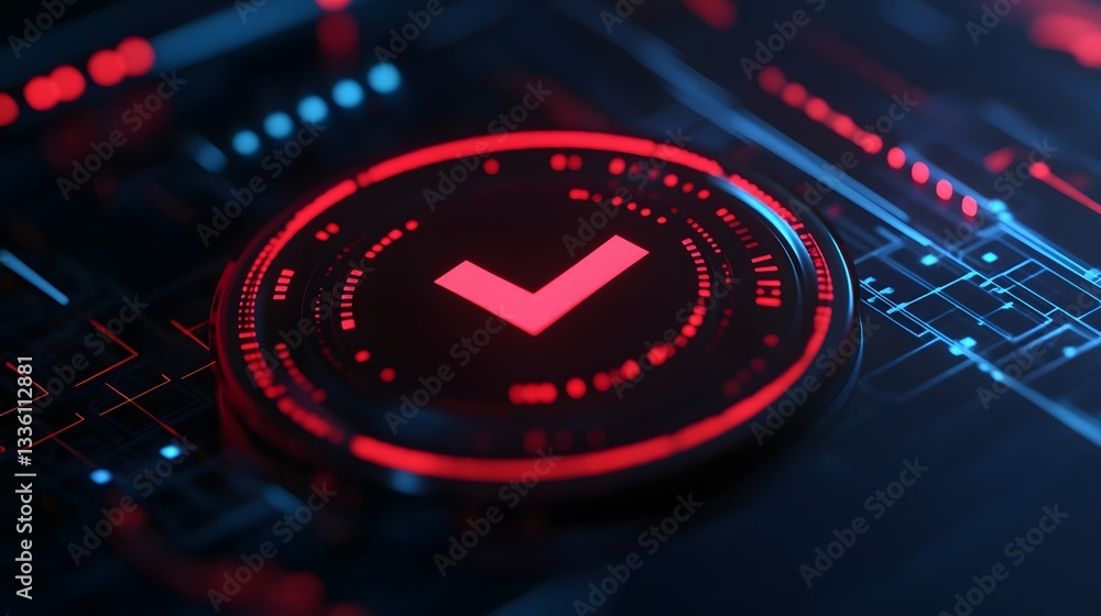 Poster futuristic holographic interface with digital approval and security verification symbolism