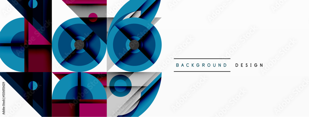 Poster Geometric abstract composition with intersecting shapes, circles, triangles, and gradients, blending vibrant colors and dynamic contrasts to create a modern, futuristic visual design