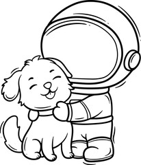 Cute Cartoon Astronaut playing with dog outline