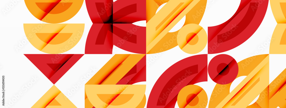 Poster Abstract geometric background with shapes, featuring circular and rounded elements. Bold contrast, smooth gradients, dynamic composition, futuristic style