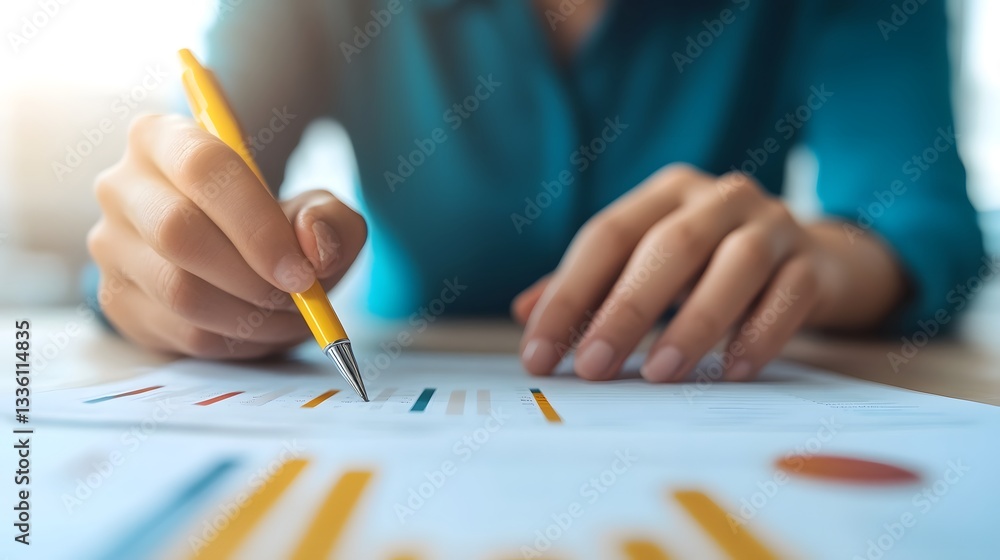 Poster production manager reviewing efficiency reports using digital tools