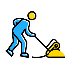 Obraz premium Robotic vacuum displayed cartoon art scene with person and robotic cleaner for home cleaning concept