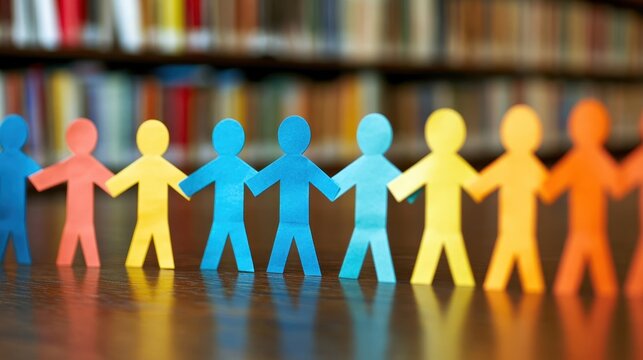 Children creating colorful paper people chain in classroom educational activity creative learning environment