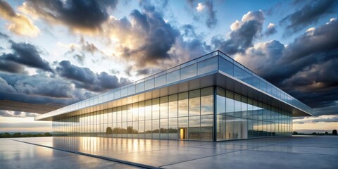 Fototapeta premium Modern Glass Pavilion Reflecting Sunset Hues Under Dramatic Cloudscape