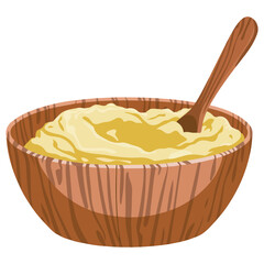 Traditional Ghee in Wooden Bowl with Spoon Cartoon Style Organic Butter