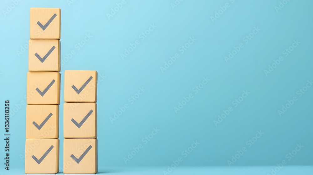 Poster hand placing checkmark blocks in a row illustrating task completion and goal achievement