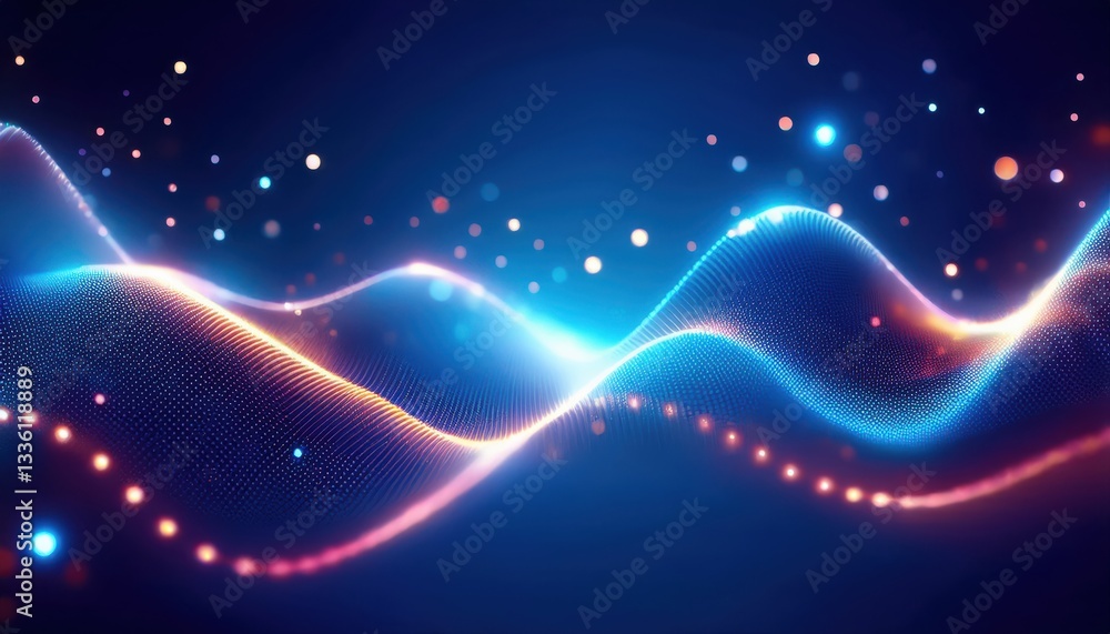 Aufkleber futuristic glowing blue wave with digital particles and bokeh light on dark background, abstract tec