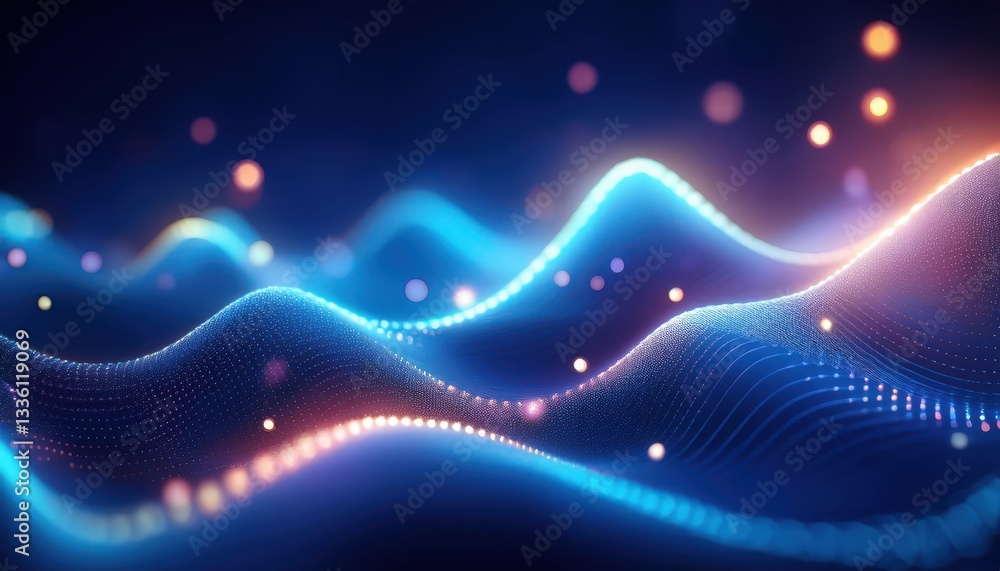 Aufkleber futuristic glowing blue wave with digital particles and bokeh light on dark background, abstract tec