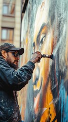 Obraz premium Street artist painting vibrant mural on urban wall in a bustling city neighborhood during daytime