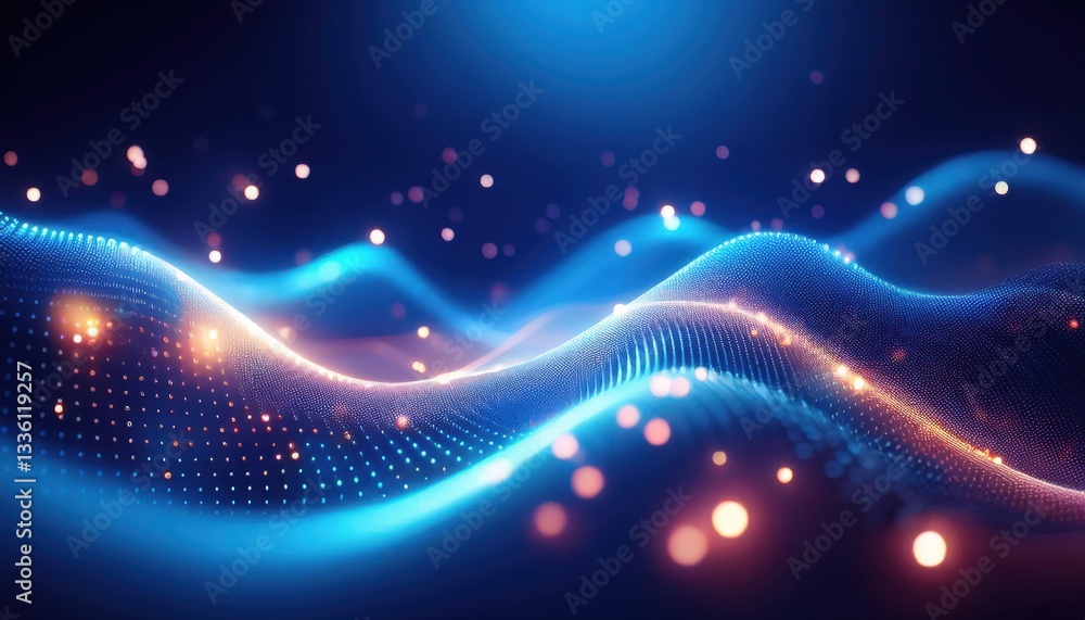 Aufkleber futuristic glowing blue wave with digital particles and bokeh light on dark background, abstract tec