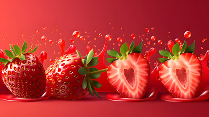 Strawberry Symphony: A luscious display of ripe strawberries, bursting with vibrant red juice, epitomizing freshness and sweetness.