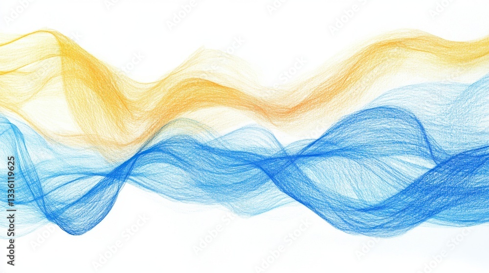 Poster swirls of gradient blue and orange pencil strokes create a dynamic wave pattern across a white canva