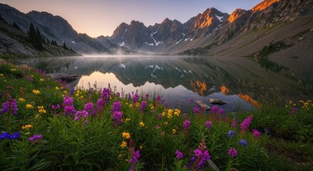 Majestic Sunrise over Mountain Lake with Wildflowers Reflecting Golden Hues
