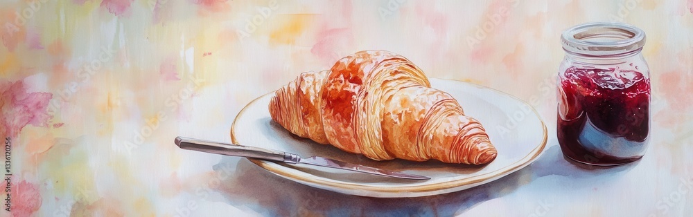 Poster delicious croissant on a plate with jam, surrounded by a soft watercolor background in a cozy settin