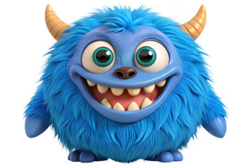 Cute Fluffy Blue Monster with Big Eyes and Toothy Smile