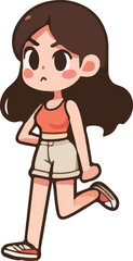 Cartoon woman character action, tired, emotions, running, walking, standing