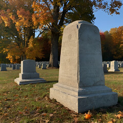 Fototapeta premium Granite tombstones stand in a peaceful cemetery during autumn under a clear blue sky for editorial and memorial marketing projects.