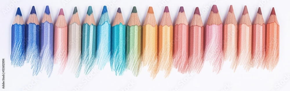 Poster vibrant gradient of colored pencils arranged in a creative layout showcasing soft pencil strokes wit