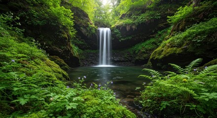Serene Waterfall Cascading in Lush Green Forest: A Tranquil Nature Escape