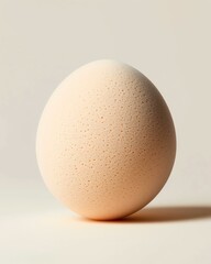 A single, beautiful egg sits against a soft, neutral backdrop