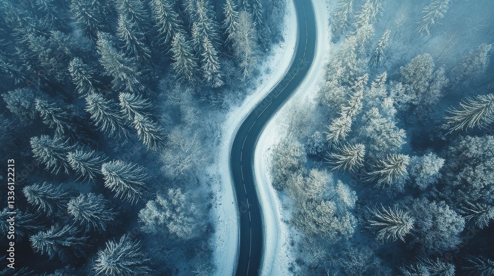 Poster snowy winding road through dense trees in winter landscape with frosted branches