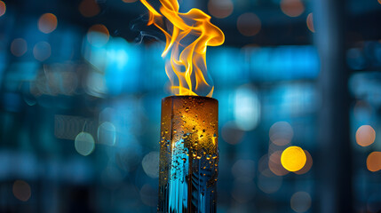 Burning Torch: A close-up shot of a torch with a vibrant flame dancing atop, set against a blurred background with soft, bokeh lights.