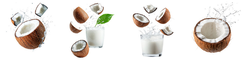 Fresh creamy coconut milk drink with split coconut pieces and green leaves offering a refreshing and healthy tropical beverage