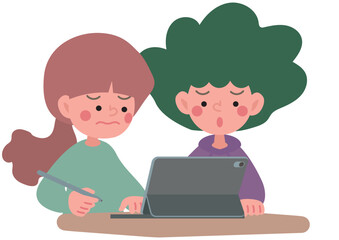 タブレット端末でグループワークをするこどもたちのベクターイラスト