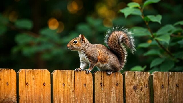 A close-up shot captures a gray squirrel perched atop a weathered wooden fence