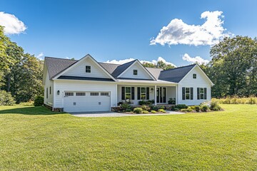 Obraz premium White farmhouse style home beautiful landscaping sunny day