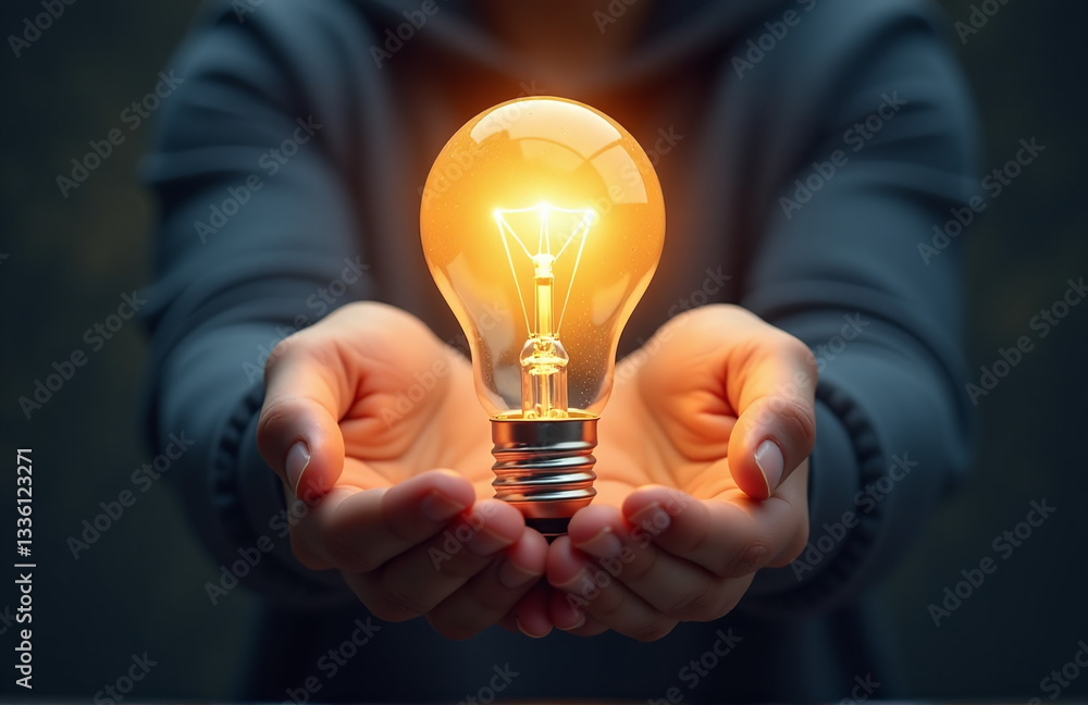Poster Hands Hold A Light Bulb Symbolizing New Ideas Generated Through Innovation And Inspiration In Science And Communication Concepts.