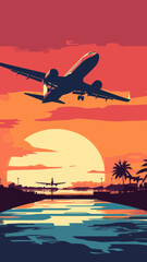 Retro Vector Poster of Airplane Takeoff at Sunset: Minimalist Travel Concept Art