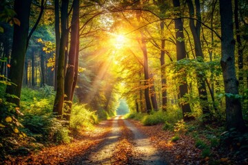 Fototapeta premium Sunlit Path Through Autumn Forest