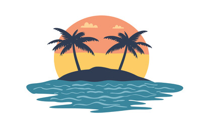 Minimalist Tropical Island Sunset Vector with Palm Trees and Ocean Waves