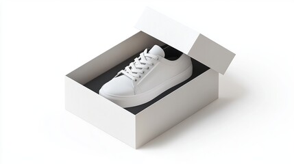 A stylish white sneaker rests in a sleek box. The minimalist design highlights its elegant simplicity. Perfect for casual wear and modern aesthetics. Generative AI