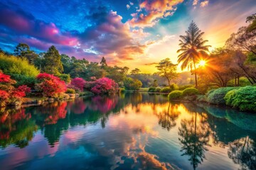 Obraz premium Tranquil Lake Reflection at Colorful Sunset