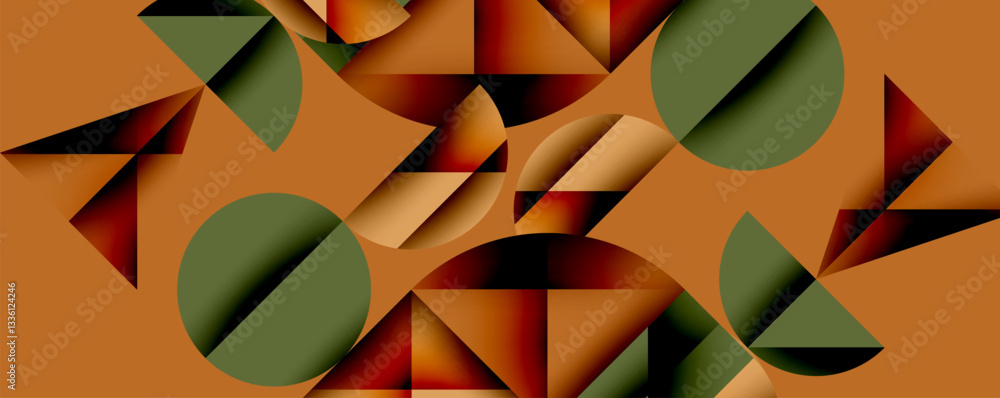 Poster Abstract geometric background with layered gradient shapes forming dynamic patterns. Overlapping semi circles and triangles create depth and contrast