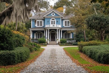 Obraz premium Beautiful blue Southern mansion autumn foliage stone path,