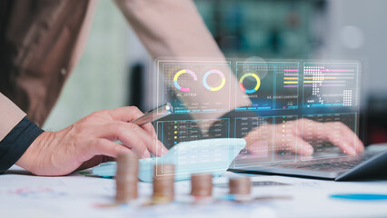Modern Financial Management Hands On Digital Analysis With Laptop, Calculator, And KPI Data...
