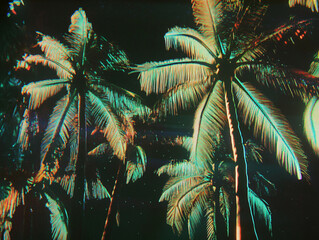 Vintage retro neon palm trees glowing surreal tropical scene 1980s aesthetic cyberpunk dreamlike vaporwave colors cinematic analog film grain nostalgic digital artwork futuristic landscape wallpaper